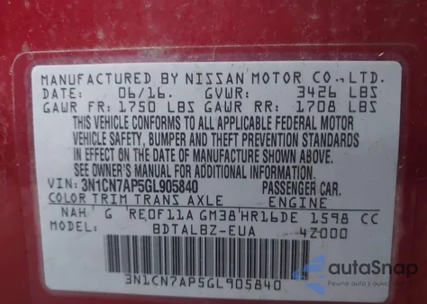 2016 Nissan Versa 1.6 S/1.6 S+/1.6 Sl/1.6 Sv z USA, uszkodzony, nr VIN 3N1CN7AP5GL905840